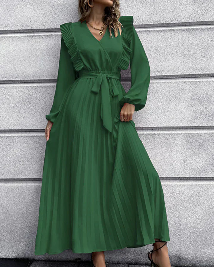 Robe Maxi Élégante Plissée à Col V - Idéale pour Toutes les Occasions