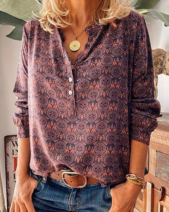 Blouse Vintage à Manches Longues avec Motif Rétro