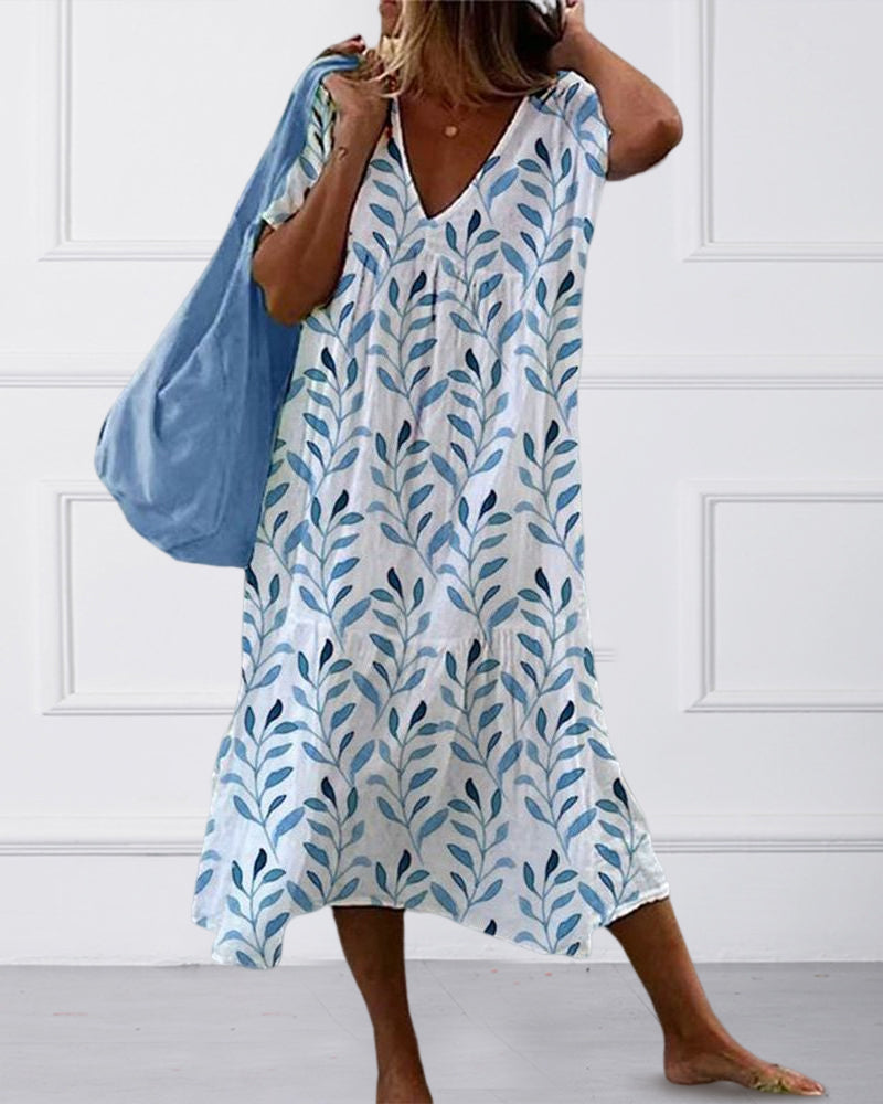 Robe Midi Aérée avec Motif de Feuilles