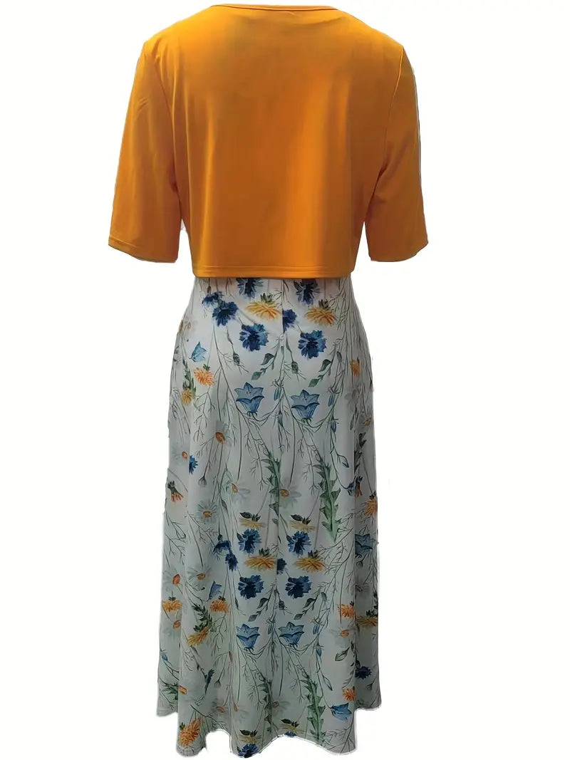 Ensemble Chic de Robe Fleurie à Deux Pièces avec Haut Court Uni et Col Ronde