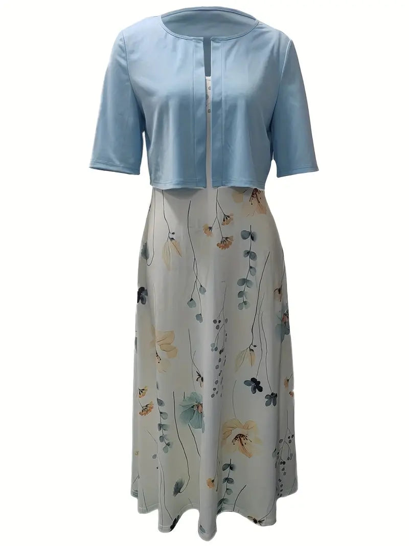 Ensemble Chic de Robe Fleurie à Deux Pièces avec Haut Court Uni et Col Ronde