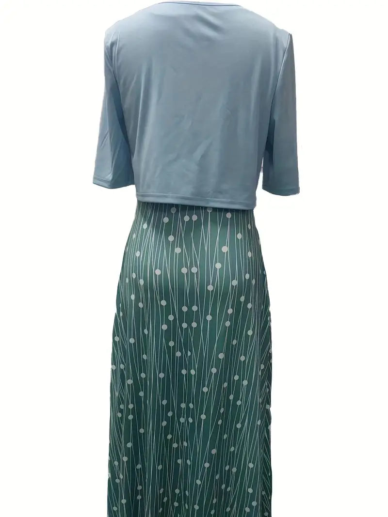 Ensemble Chic de Robe Fleurie à Deux Pièces avec Haut Court Uni et Col Ronde