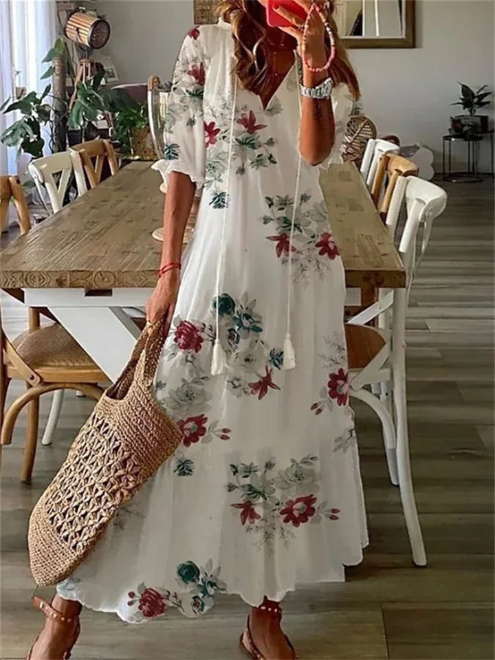 Maxi Robe Élégante à Imprimé Floral en V