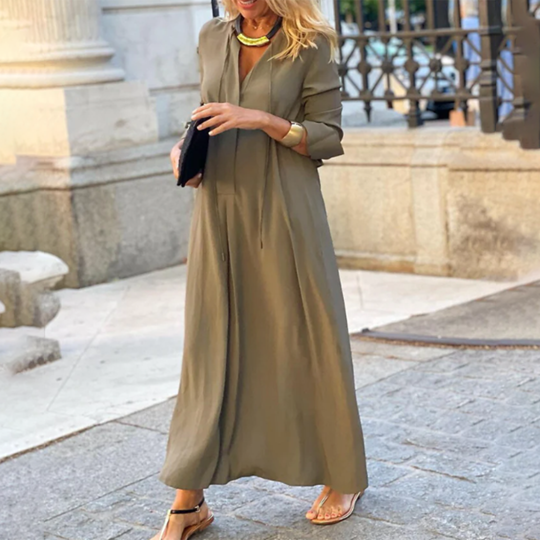 Robe Maxi Élégante d'Été à V-Cou avec Manches Longues au Niveau des Coudes
