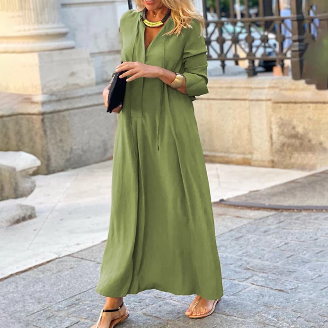Robe Maxi Élégante d'Été à V-Cou avec Manches Longues au Niveau des Coudes