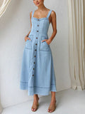 Robe Midi en Jean Casual avec Détails Boutonnés