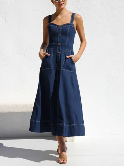 Robe Midi en Jean Casual avec Détails Boutonnés