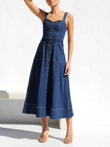 Robe Midi en Jean Casual avec Détails Boutonnés