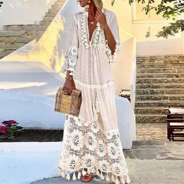 Robe Maxi en Dentelle avec Franges au Style Boho Chic