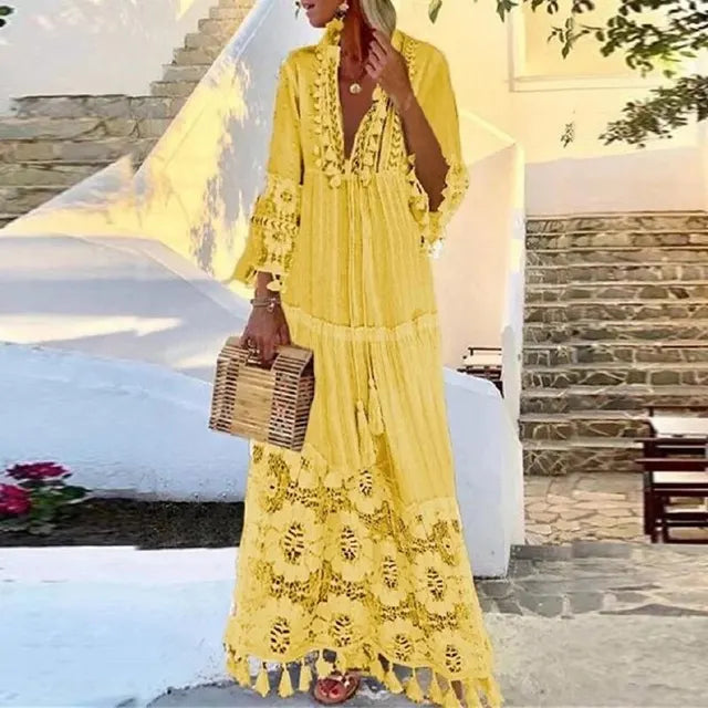 Robe Maxi en Dentelle avec Franges au Style Boho Chic