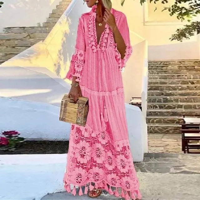 Robe Maxi en Dentelle avec Franges au Style Boho Chic