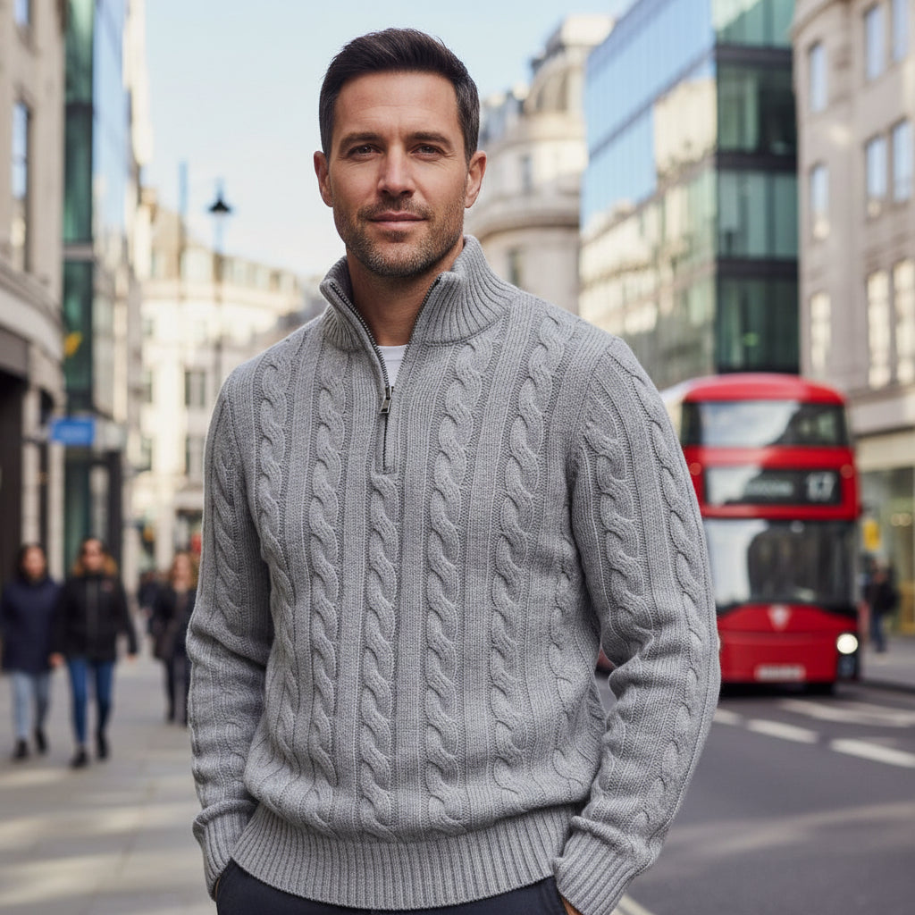 Pull en tricot câble pour hommes avec col zippé mi-hauteur | Confort optimal