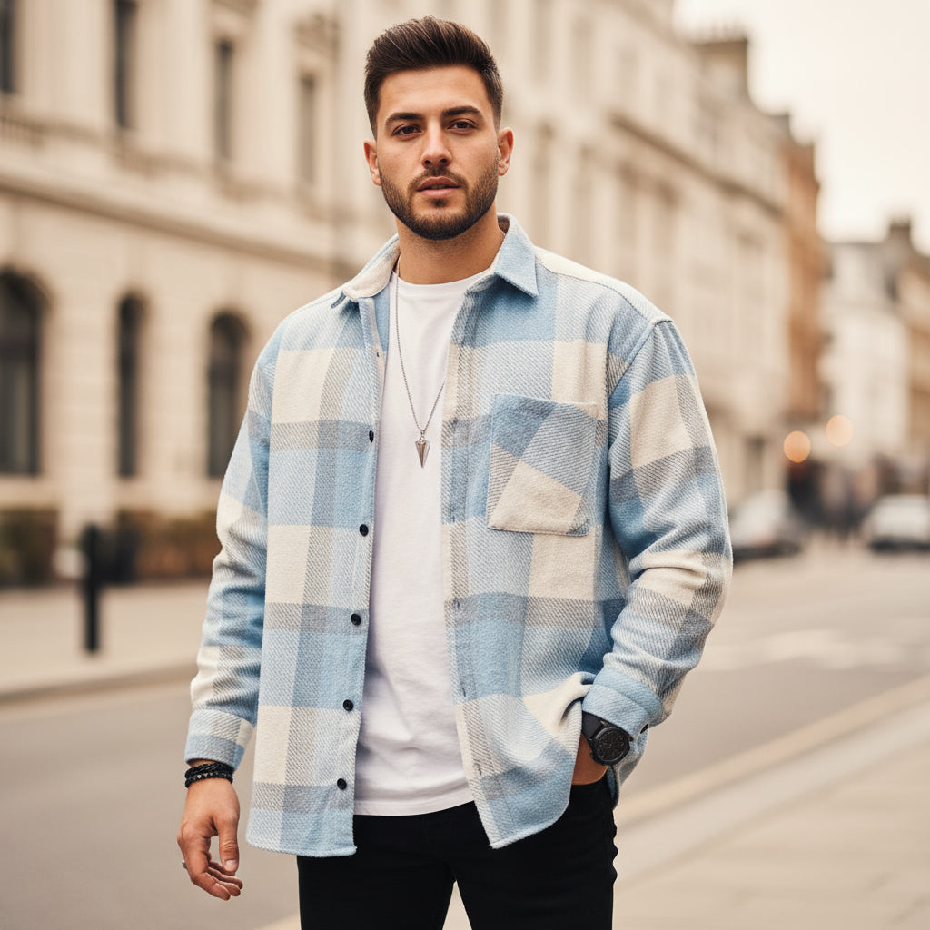 Homme Chemise | Coupe Décontractée en Mélange de Coton Texturé à Motif Carreaux