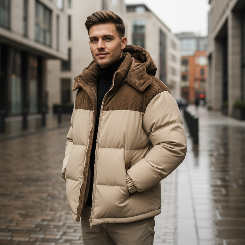 Veste Puffer Isolante pour Hommes avec Capuche en Velours Côtelé