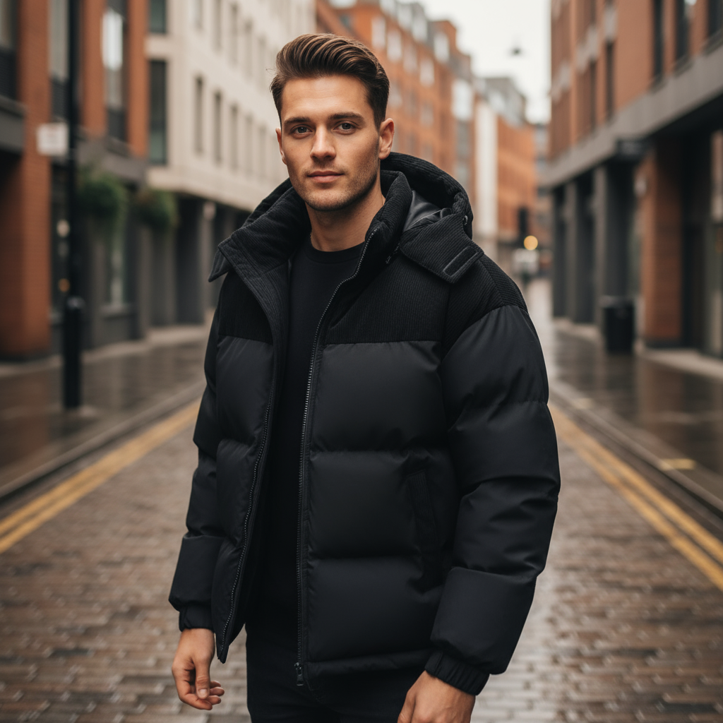 Veste Puffer Isolante pour Hommes avec Capuche en Velours Côtelé