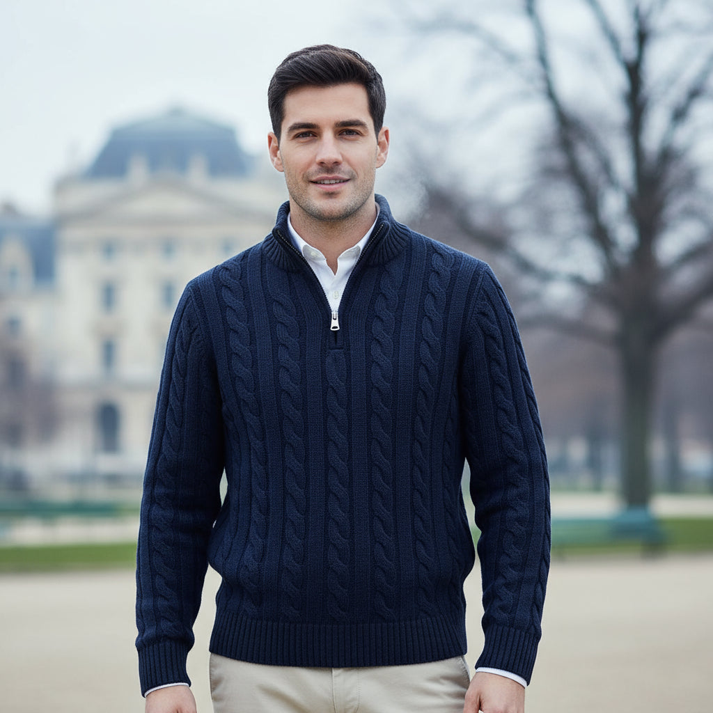 Pull en Tricot Câble pour Homme avec Col Zippé