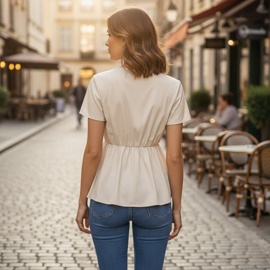 Blouse Femme à Manches Courtes | Design Torsadé en Coton Mélangé