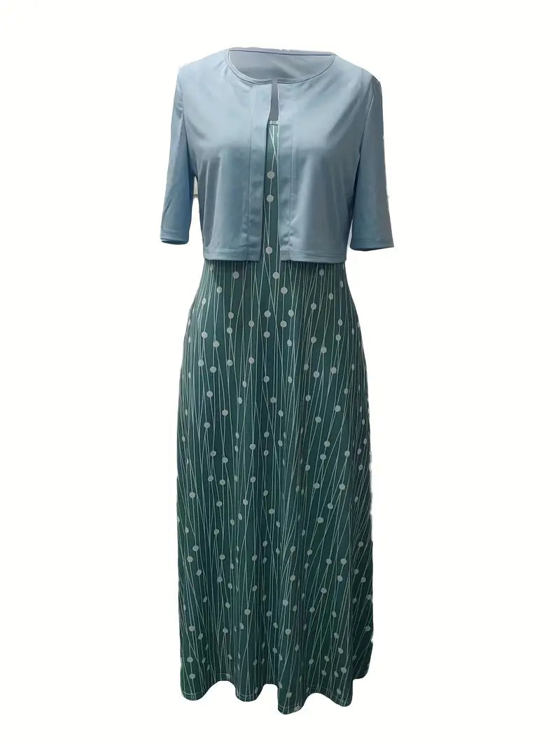 Ensemble Chic de Robe Fleurie à Deux Pièces avec Haut Court Uni et Col Ronde