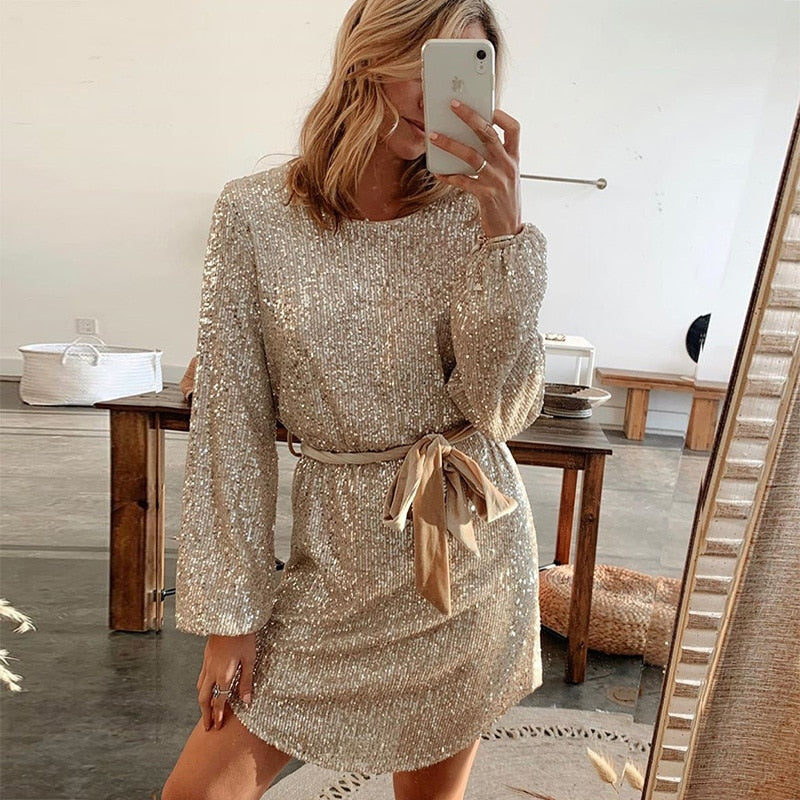 Robe de Soirée Élégante en Paillettes Beiges pour Occasions Spéciales
