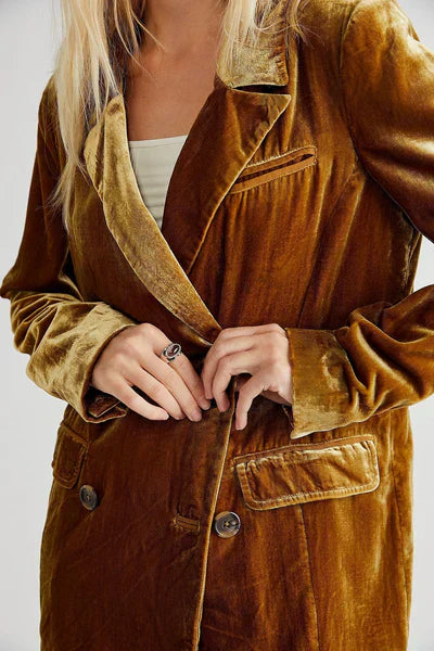 Blazer en Velours Élégant à Manches Longues avec Fermeture Boutonnée