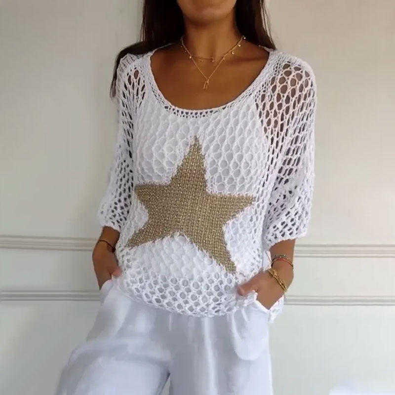 Blouse en Crochet Femme à Col Rond